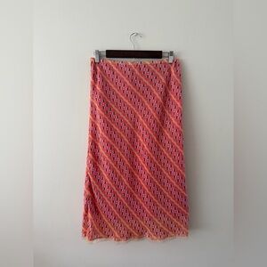 Vintage Abstract Print Midi Skirt Made in USA Pink Orange Retro Slip Skirt Y2K L